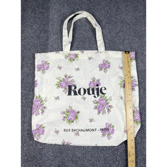 Rouje Paris Ivory Purple Floral Print Les Filles En Rouje Logo Cotton Tote Bag - Picture 3 of 5